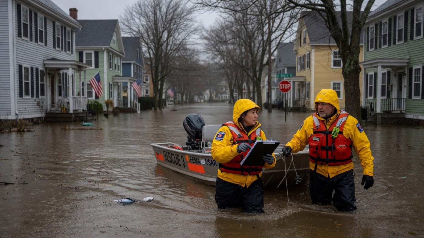 FEMA-style rescue workers in a flooded New England neighborhood during emergency flood response