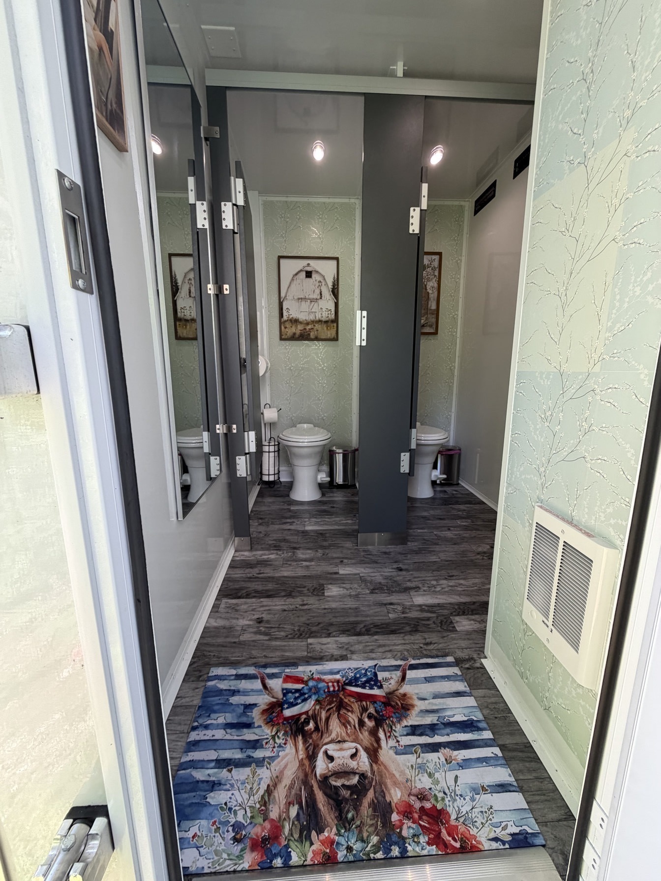 Women’s private stations inside 5-station luxury restroom trailer
